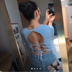 Open back laced up baby blue cropped tee🤍